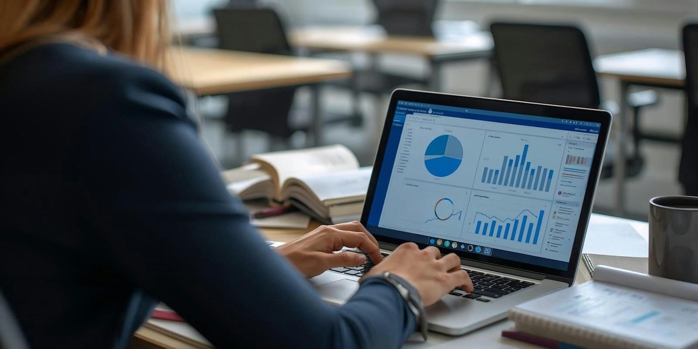 Mujer trabajando en una computadora portátil con tablas y gráficos — Cómo elegir tu primer fondo indexado
