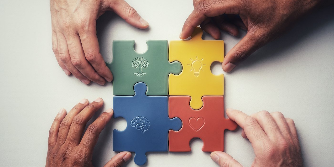 Cuatro manos conectan piezas coloridas del puzzle con símbolos — Cómo traspasar un fondo paso a paso