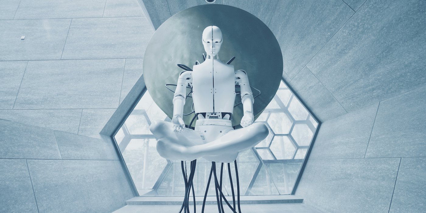 Un robot humanoide blanco en posición de loto contra un gran disco circular — IA para analizar tus gastos: hojas de cálculo y extractos