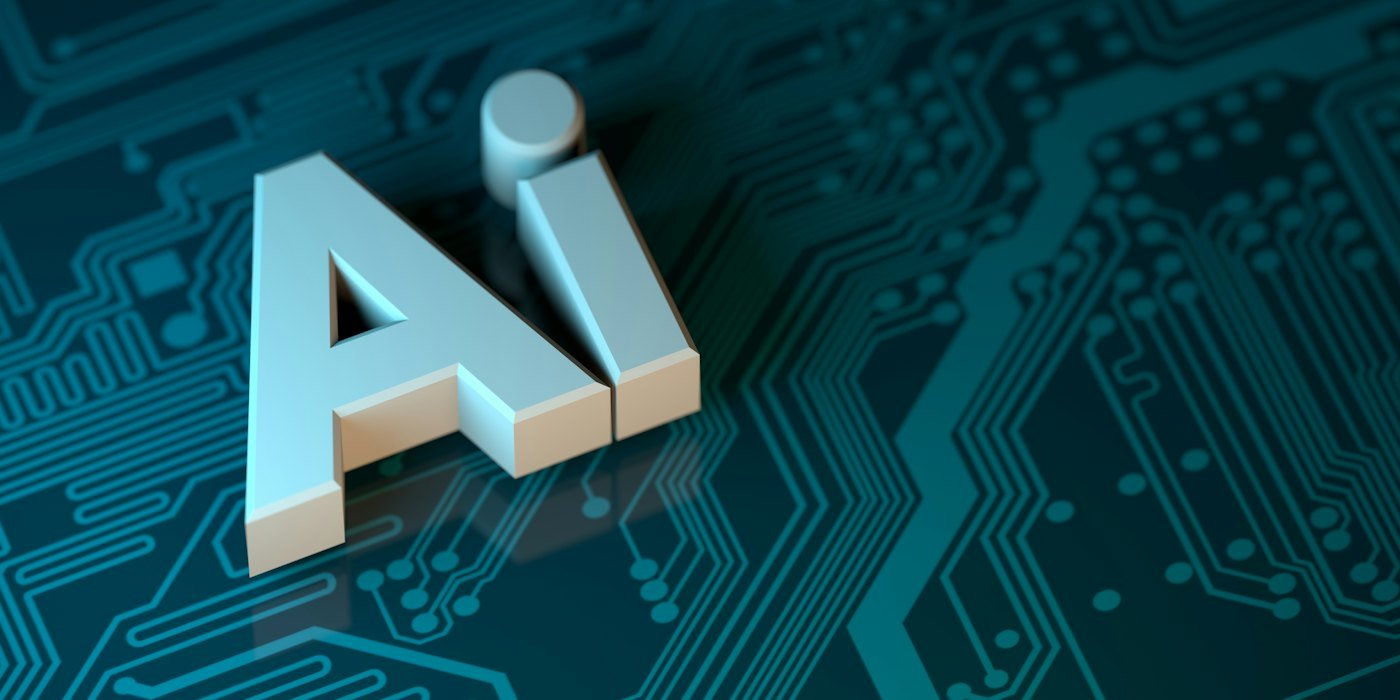 Las letras AI en una fuente blanca en bloque 3D en una placa de circuito azul verdoso oscu — Invertir en empresas de inteligencia artificial: riesgos de la moda